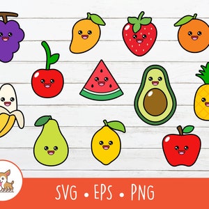 Kawaii Fruits SVG, Kawaii Fruits Clipart Bundle, Vector Fruits Cut File For Cricut, PNG, EPS, Instant Digital Download
