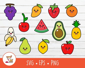 Kawaii Fruits SVG, Kawaii Fruits Clipart Bundle, Vector Fruits Cut File For Cricut, PNG, EPS, Instant Digital Download