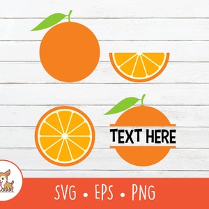 May include: Four orange fruit illustrations, two whole oranges, one orange slice, and one orange with the text "TEXT HERE" inside. The illustrations are on a white wood background.