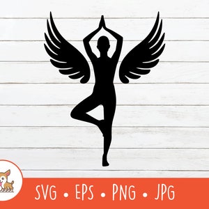 May include: A black silhouette of a person in a yoga pose with wings. The person is in a tree pose with their arms raised above their head.