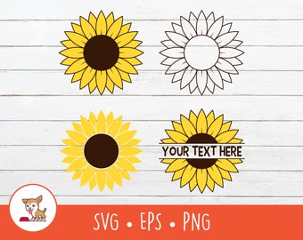 May include: Four different sunflower designs, two with a solid yellow center and two with a brown center. The top two designs are outlined in black, while the bottom two are filled in. The bottom right design has the text "YOUR TEXT HERE" in a banner across the center.
