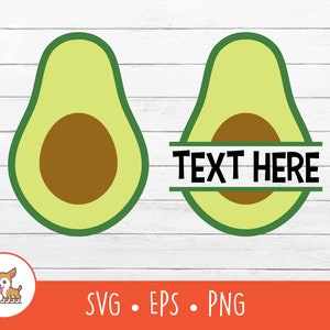 Puede incluir: Dos mitades de aguacate verdes con un hueso marrón en el interior. La mitad superior tiene el texto "TEXT HERE" en letras negras.