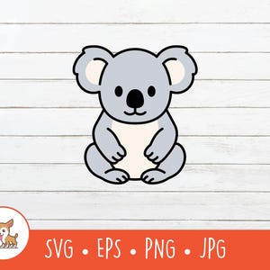May include: A cartoon koala bear illustration in gray, black, and white. The koala is sitting with its arms and legs tucked in. The image includes the text "SVG • EPS • PNG • JPG" in an orange banner.