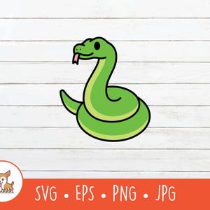 Op de afbeelding: Een cartoon illustratie van een groene slang met een zwarte omtrek, een roze tong en zwarte ogen. De slang is opgerold en lacht. De afbeelding bevat de tekst "SVG • EPS • PNG • JPG" in een oranje banner.