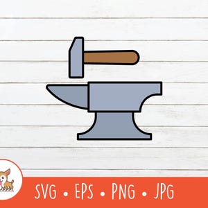 May include: A digital graphic illustration featuring a light blue anvil with a thick black outline positioned below a hammer with a light blue head and a brown handle. The design is presented as a flat vector icon with clean lines and solid colors.