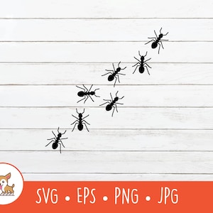 May include: A black silhouette graphic design featuring a line of six ants arranged in a diagonal formation. Each ant is depicted with a segmented body, six legs, and two antennae, creating a simple and clear insect illustration for digital use.