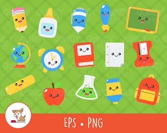 Kawaii School Supplies Clipart, Vector School Supplies Cut File For Cricut, PNG, EPS, Instant Digital Download