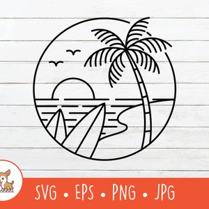 Logo Beach Monoline, Beach SVG, Clipart wektorowy zachód słońca, Plik do cięcia logo surfingu dla Cricut, PNG, EPS, Natychmiastowe pobieranie cyfrowe