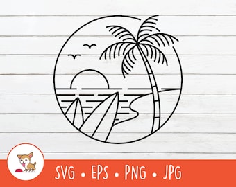 Beach Monoline Logo, Beach SVG, Vector Sunset Clipart, Surf Logo Cut File For Cricut, PNG, EPS, Instant Digital Download