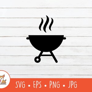 Może przedstawiać: Czarna sylwetka grilla z dymem unoszącym się z góry. Grill ma okrągłą misę i trzy nogi.