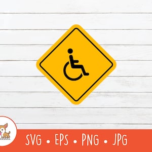 Könnte beinhalten: Ein gelbes, rautenförmiges Schild mit einem schwarzen Rollstuhlsymbol darin. Das Schild befindet sich auf einem weißen Holzgrund.