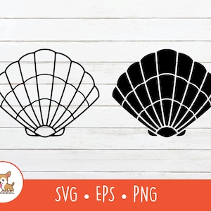 May include: Two black and white outline images of a seashell. The seashell is a scallop shape with a series of lines radiating from the center.