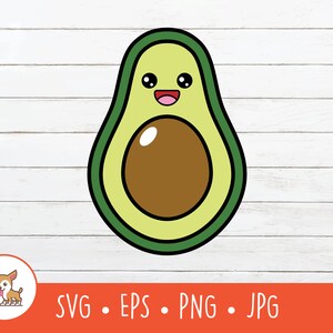 May include: A cartoon avocado with a smiling face and a green, brown, and yellow color scheme. The avocado is on a white wood background.