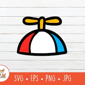 May include: A cartoon illustration of a red, white and blue striped hat with a yellow propeller on top. The hat is outlined in black.