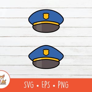 Può includere: Due cappelli da poliziotto blu con un'emblema dorato, su sfondo di legno bianco. I cappelli hanno una tesa grigio scuro e un bordo dorato. L'immagine include anche il testo "SVG • EPS • PNG" in bianco su sfondo arancione.