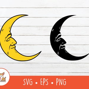 Lua crescente SVG, lua crescente vetorial com clipart de rosto, arquivo de corte de lua crescente para Cricut, PNG, download digital