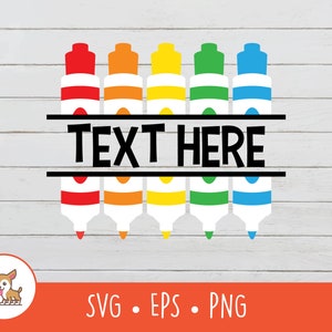 May include: A digital design featuring six colourful markers with a split monogram design. The text "TEXT HERE" is displayed in black between the markers.