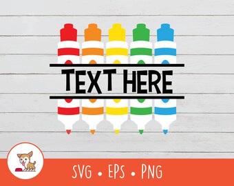 Könnte beinhalten: Ein digitales Design mit sechs bunten Markern mit einem geteilten Monogramm-Design. Der Text "TEXT HERE" wird in Schwarz zwischen den Markern angezeigt.