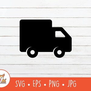 May include: Black silhouette of a delivery truck with a boxy body and wheels. The truck is facing right.