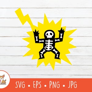 May include: A black and white skeleton graphic with a yellow lightning bolt and starburst design. The skeleton is in a shocked pose. The image is on a white wood-grain background. The bottom of the image has the text "SVG • EPS • PNG • JPG".