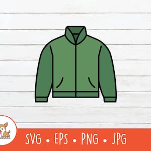 Puede incluir: Una chaqueta verde con contorno negro, con cuello y dos bolsillos delanteros. La chaqueta es una ilustración sencilla, ideal para diseños digitales. La imagen también incluye el texto "SVG • EPS • PNG • JPG".