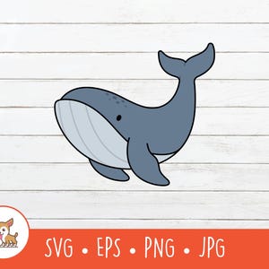 May include: A cartoon illustration of a blue whale with a light grey underbelly and a black outline. The whale is smiling and has a small dot for an eye. The image includes the text "SVG • EPS • PNG • JPG".