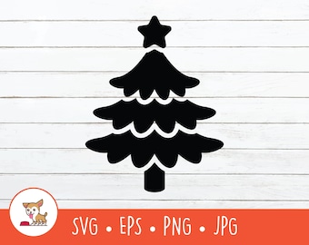 May include: Black silhouette of a Christmas tree with a star on top. The tree has a layered design with a thick trunk. The image includes the text "SVG • EPS • PNG • JPG" in an orange banner.