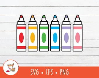 Könnte beinhalten: Eine digitale Illustration von sechs farbigen Markern in Rot, Gelb, Grün, Blau, Lila und Rosa. Jeder Marker hat einen schwarzen Umriss und ein weißes Oval in der Mitte. Das Bild enthält den Text "SVG • EPS • PNG".