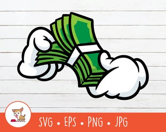 May include: Cartoon illustration of two white hands holding a stack of green bills. The hands are drawn in a simple, cartoon style, and the bills are green with white accents.
