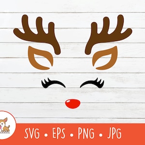Renne SVG, renne vectoriel avec cils clipart, fichier de découpe de visage de renne pour Cricut, PNG, EPS, téléchargement numérique instantané