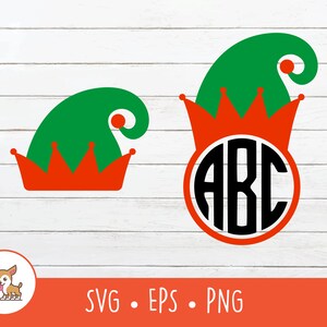 May include: A green and red elf hat with a circle monogram that says "ABC".