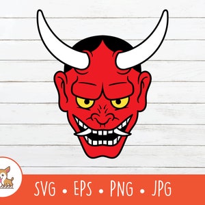 May include: A red and white cartoon oni mask with a fierce expression. The mask has sharp teeth, horns, and a large, round nose.