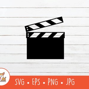 May include: A black and white clapperboard, a filmmaking tool, with a hinged top section featuring diagonal stripes. The image includes the text "SVG • EPS • PNG • JPG" in orange.