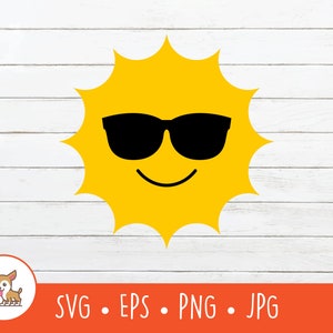 Sonne mit Sonnenbrille SVG, Sonne mit Sonnenbrille Clipart, Vektor-Sonne mit Sonnenbrille geschnitten Datei für Cricut, PNG, EPS, sofortiger digitaler Download