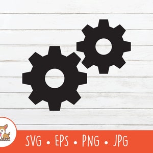 Puede incluir: Dos iconos de engranaje negros sobre un fondo de madera blanca. Los engranajes están entrelazados y mirando en la misma dirección.