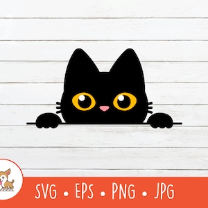 Cute Peeking Black Cat Clipart, Peeking Cat SVG, Vector Peeking Black Cat Cut File For Cricut, PNG, EPS, Instant Digital Download