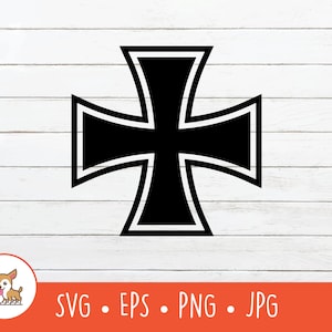 Könnte beinhalten: Schwarzes Eisernes Kreuz mit vier Armen, ein traditionelles Symbol, isoliert auf weißem Holzgrund.