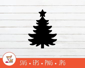 May include: A black silhouette of a Christmas tree with a star on top. The tree is on a white wood background.