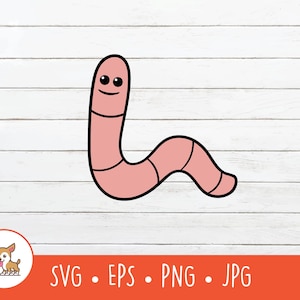 May include: A cartoon illustration of a pink worm with a black outline. The worm has a smiling face and is segmented. The image is on a white wooden background. The image also includes the text "SVG • EPS • PNG • JPG".
