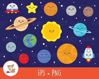Kawaii Solar System Clipart, Vector Solar System Cut File para Cricut, PNG, EPS, Descarga digital instantánea