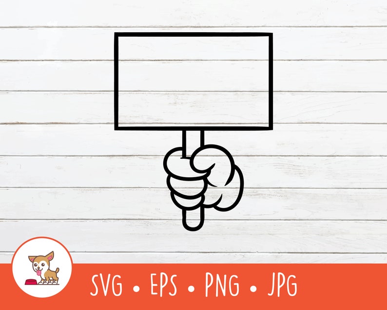 May include: A black and white line drawing of a hand holding a blank sign. The sign is a rectangle with rounded corners. The hand is in a fist with the thumb pointing up.