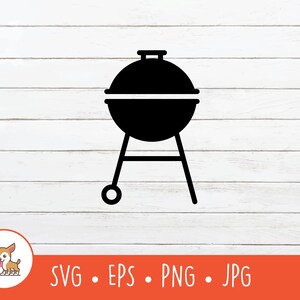 Może przedstawiać: Czarna sylwetka okrągłego grilla ze stojakiem i trzema nogami. Grill znajduje się na białym drewnianym tle.