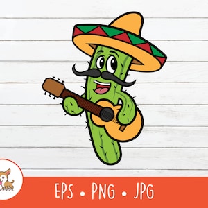 Cactus Clipart, Cactus vettoriale che indossa il sombrero e suona la chitarra File di taglio per Cricut, PNG, EPS, Download digitale istantaneo