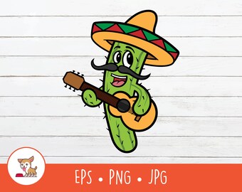 Cactus Clipart, Vector Cactus Wearing Sombrero and Playing Guitar Cut File For Cricut, PNG, EPS, Instant Digital Download