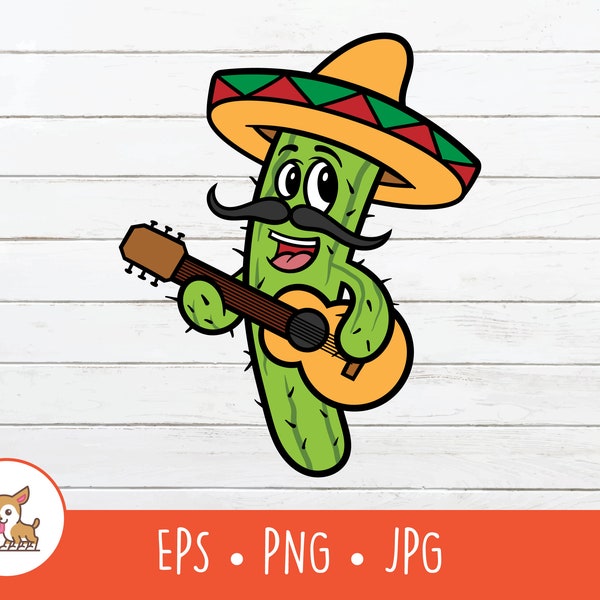Cactus Clipart, Vector Cactus Wearing Sombrero and Playing Guitar Cut File For Cricut, PNG, EPS, Instant Digital Download