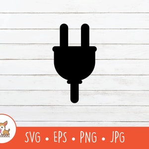 May include: A black silhouette of an electrical plug with two prongs and a ground pin. The plug is on a white wood background.
