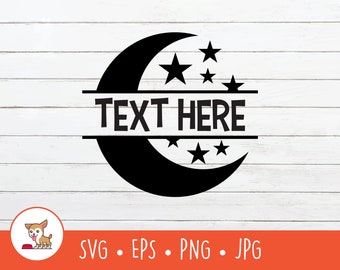 May include: Black and white design of a crescent moon with stars and the text "TEXT HERE" in a banner.