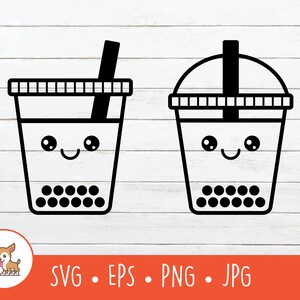 May include: Black and white line art illustration of two boba tea cups with cute cartoon faces and smiling. The cups have a straw and boba pearls inside.