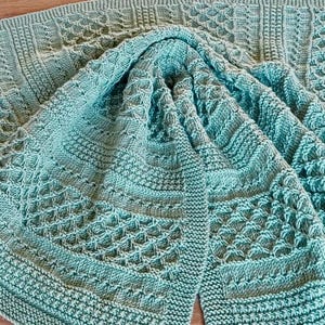 May include: A folded, teal-colored knitted blanket with intricate patterns. The blanket features various textured designs, including diamond and geometric shapes, and a ribbed border. The soft, folded fabric is displayed on a wooden surface.