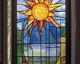 Custom Size Sun-Themed Stained Glass Window Cling Vibrant Artistic Privacy Film for Glass Doors and Office Spaces
